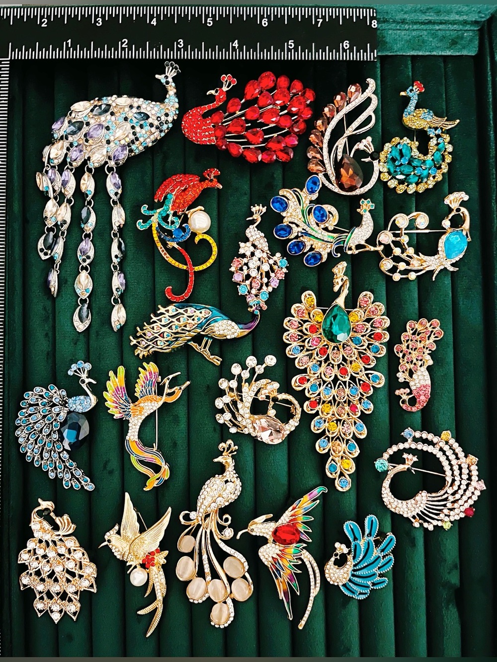 Lot of 20Pc Vintage Style Peacock Brooches - Sparkling Crystal & Rhinestone Pins